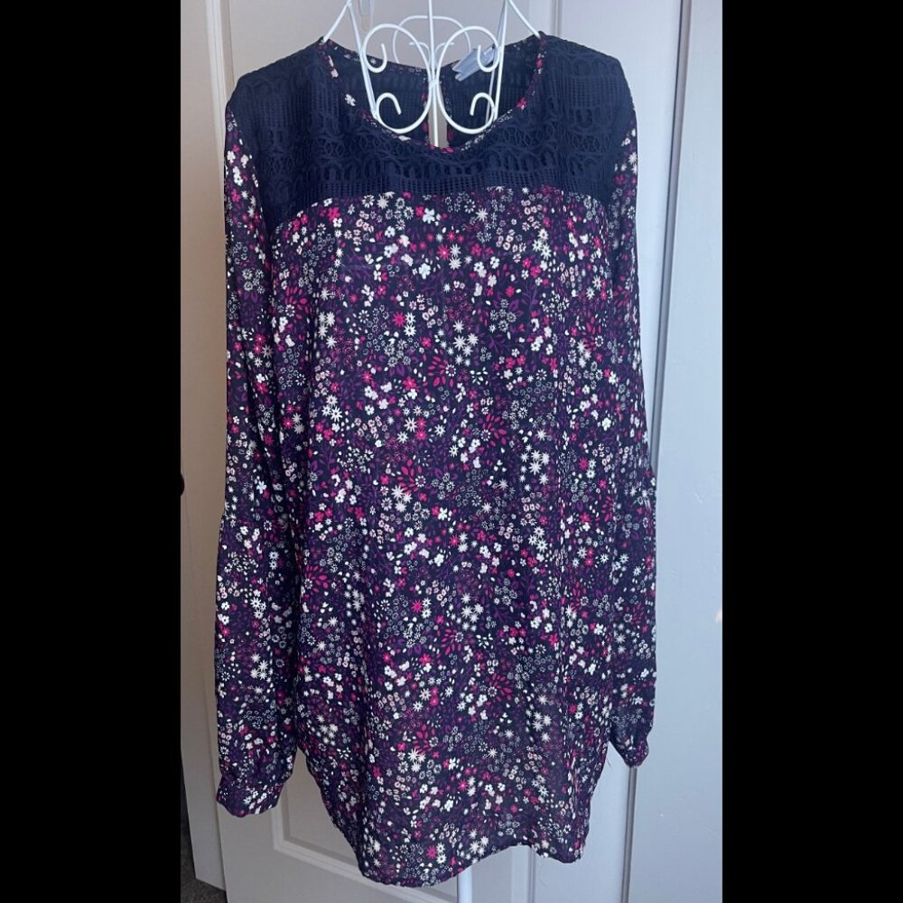 Liz Claiborne Black Floral Embroidered Long Sleeve Blouse | Size Large